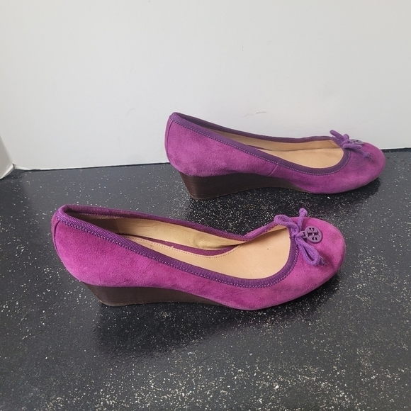 Tory Burch Plum Suede Wedge Heels - Picture 3 of 8